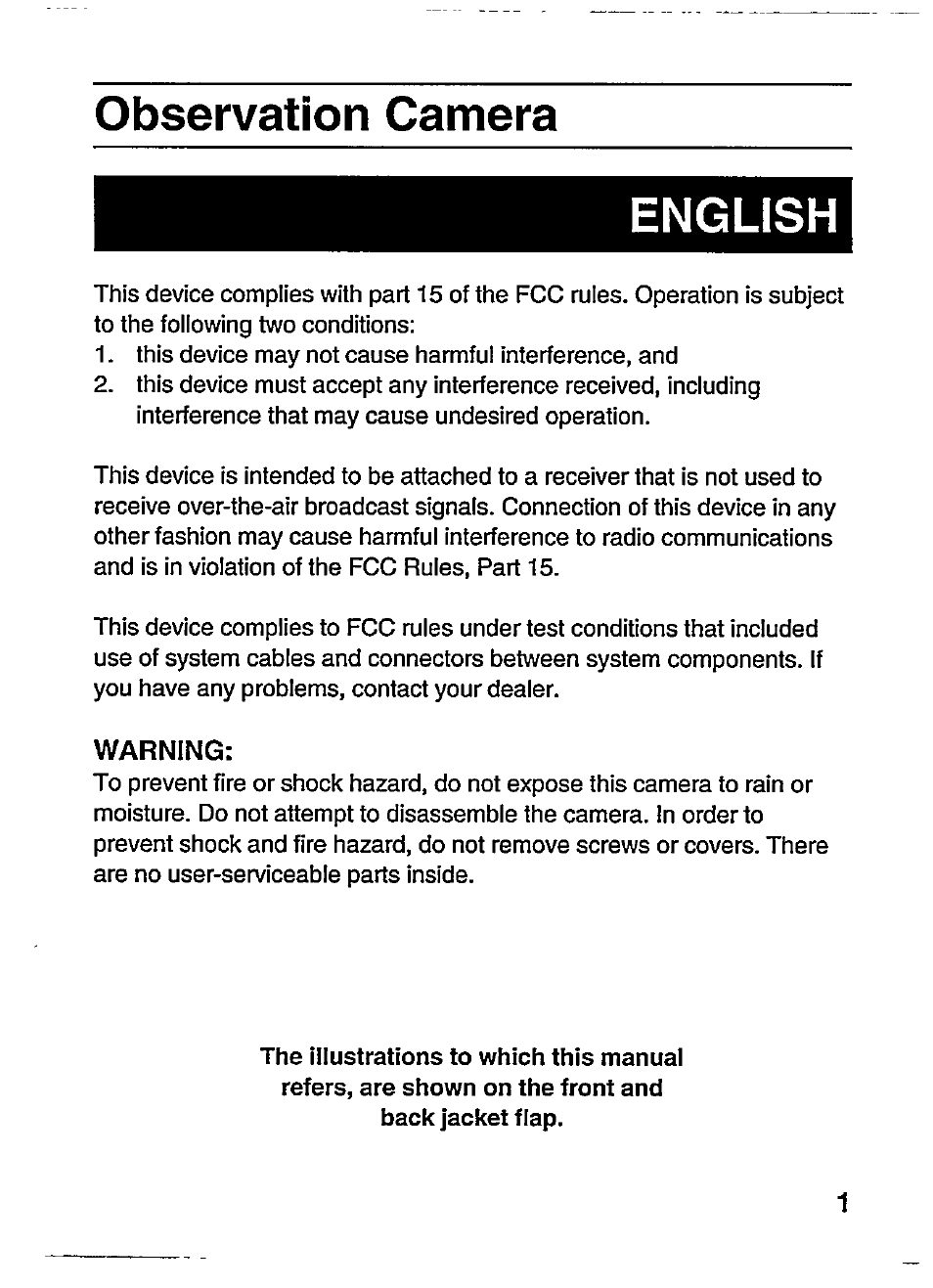 Observation camera, English, Warning | Observation camera english | Philips VCM1976 User Manual | Page 5 / 19