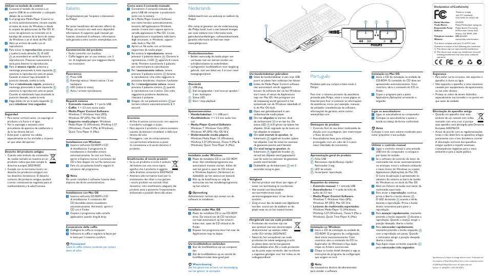 Nederlands, Italiano, Português | Philips LFH2370 User Manual | Page 2 / 2