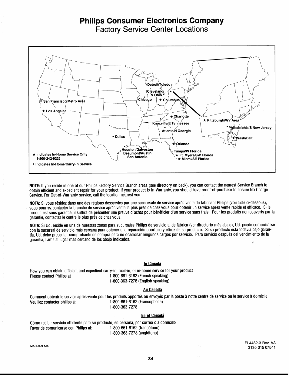 Philips consumer electronics company, In canada, Au canada | En el canadá | Philips XS2757CI User Manual | Page 34 / 36