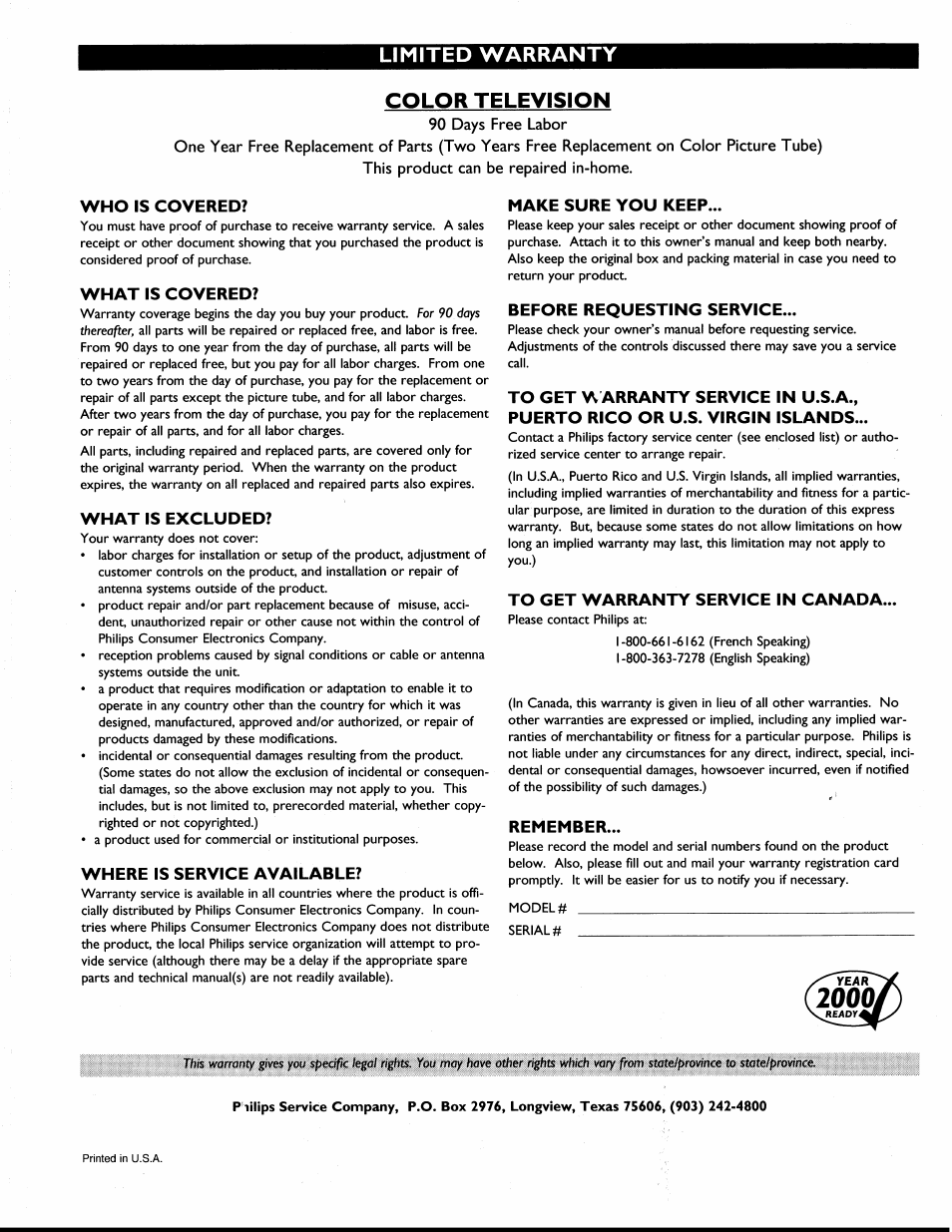 2000j, Limited warranty color television | Philips XS2757CI User Manual | Page 36 / 36