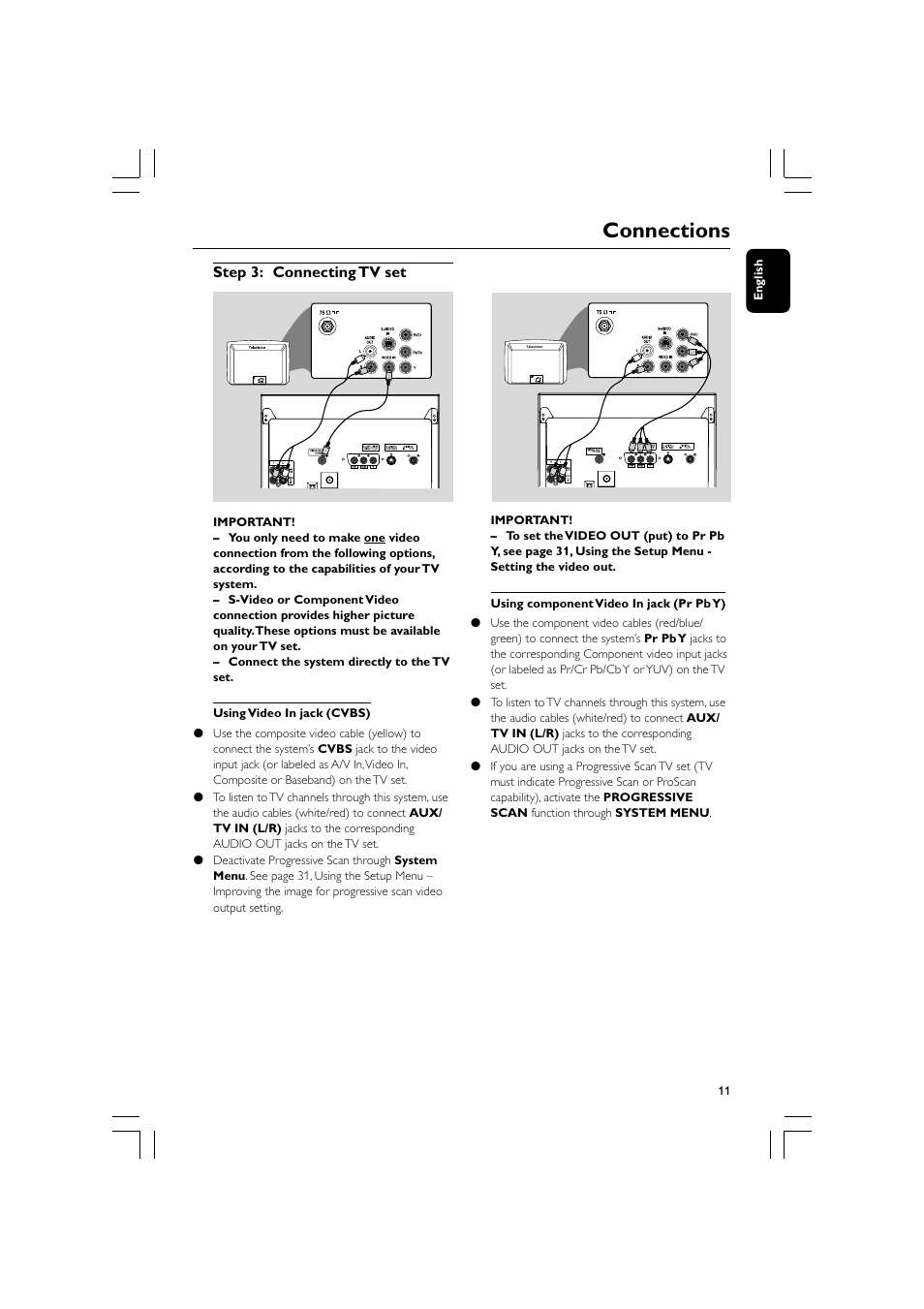 Connections, Step 3: connecting tv set, 11 english | Philips FW-D750 User Manual | Page 11 / 48