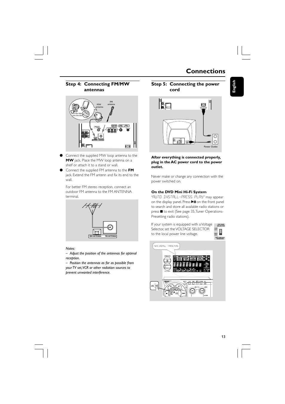 Connections, Step 4: connecting fm/mw antennas, Step 5: connecting the power cord | Philips FW-D750 User Manual | Page 13 / 48