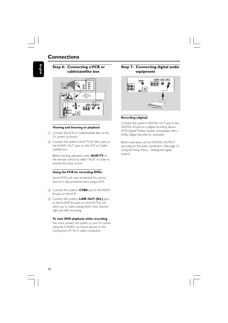 Connections, Step 6: connecting a vcr or cable/satellite box, Step 7: connecting digital audio equipment | 14 english | Philips FW-D750 User Manual | Page 14 / 48