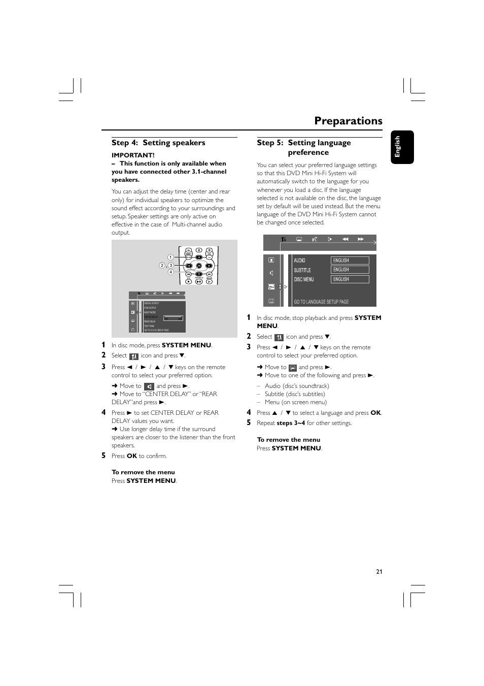 Preparations, Step 4: setting speakers, Step 5: setting language preference | Philips FW-D750 User Manual | Page 21 / 48