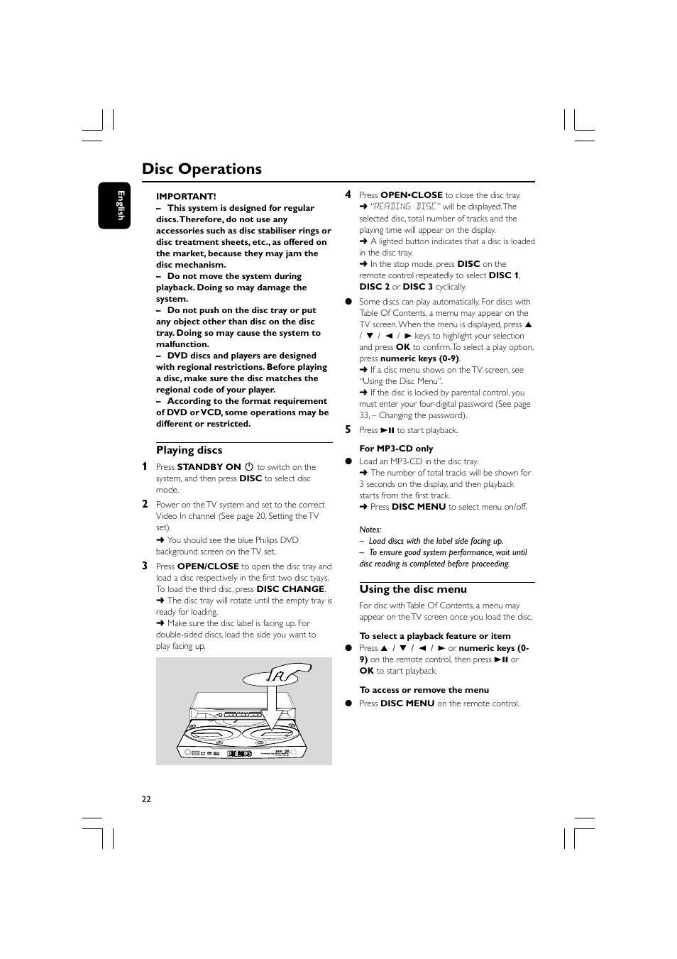 Disc operations, Playing discs 1, Using the disc menu | Philips FW-D750 User Manual | Page 22 / 48