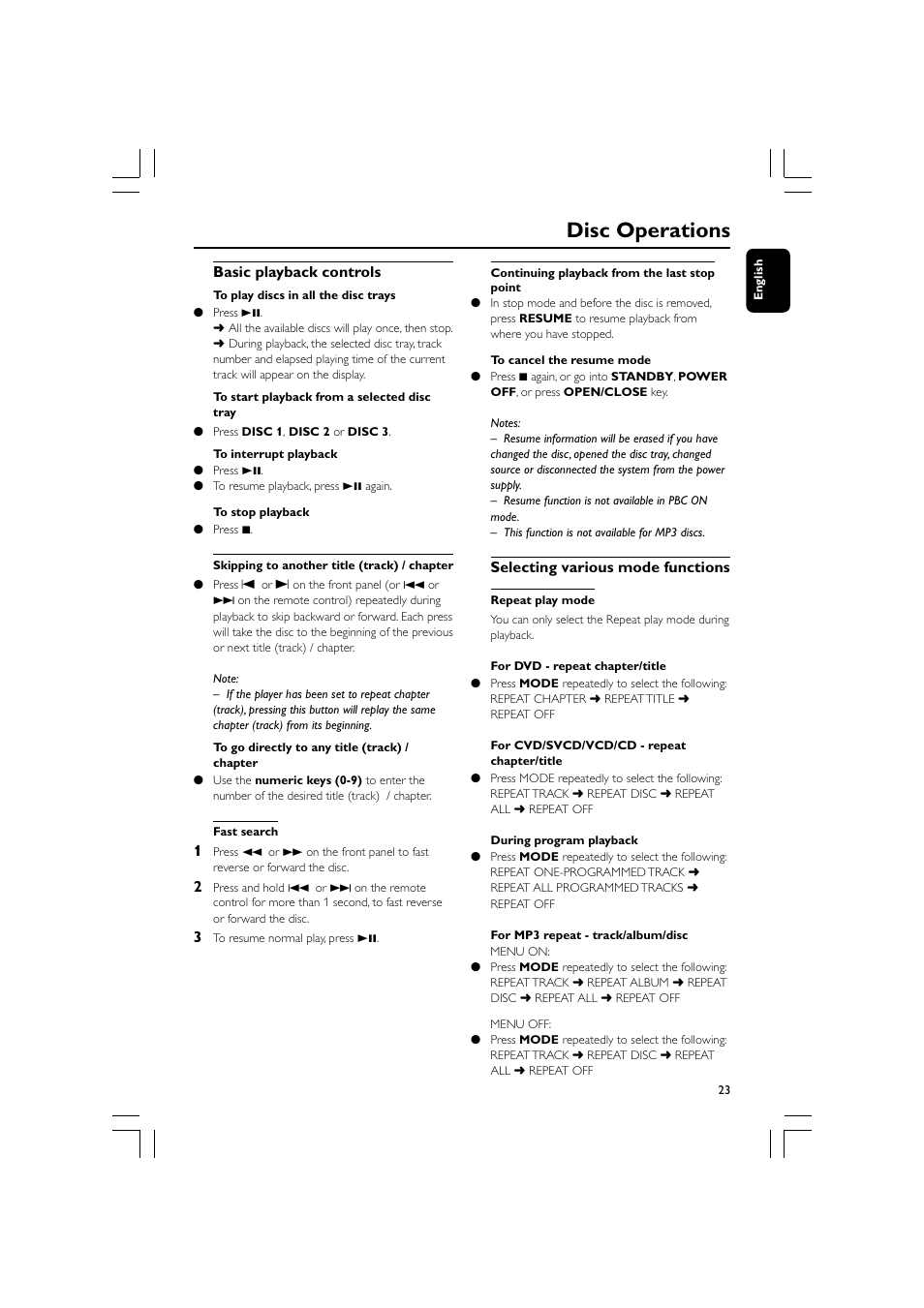 Disc operations, Basic playback controls, Selecting various mode functions | Philips FW-D750 User Manual | Page 23 / 48