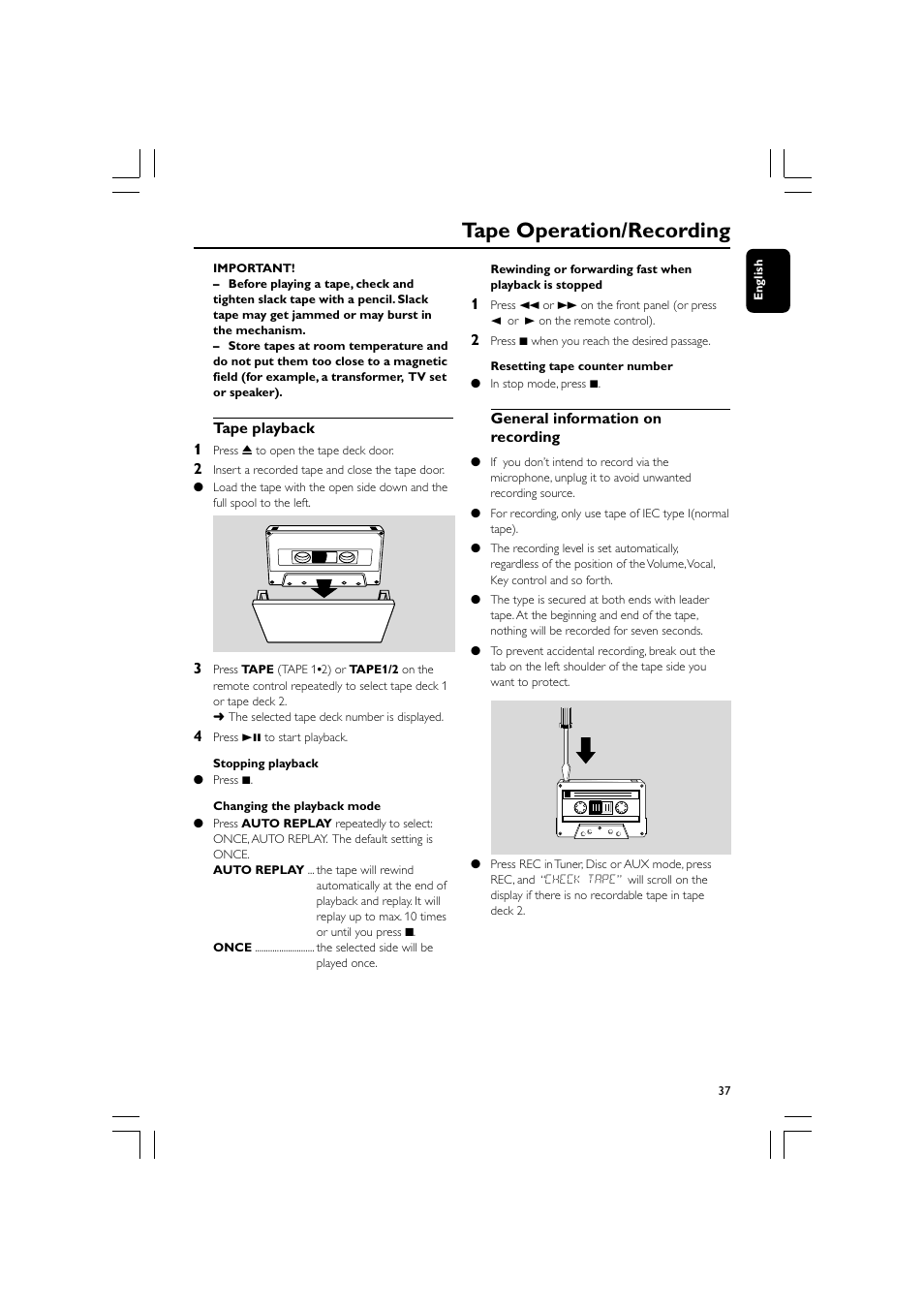 Tape operation/recording | Philips FW-D750 User Manual | Page 37 / 48