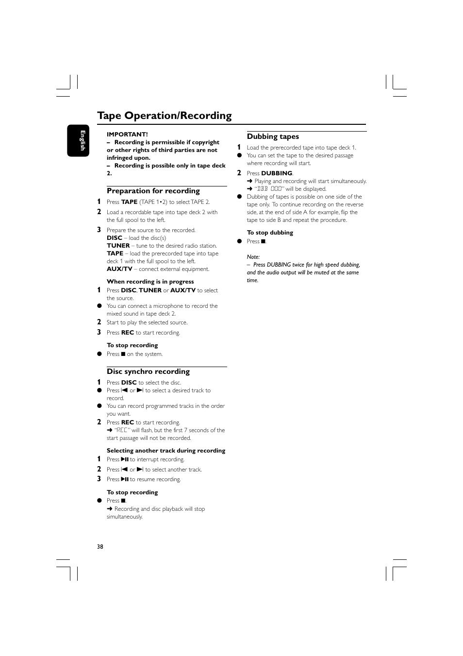 Tape operation/recording | Philips FW-D750 User Manual | Page 38 / 48