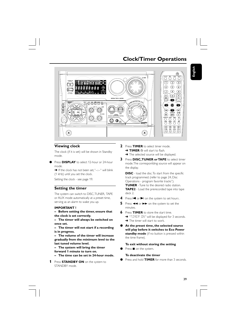 Clock/timer operations, Viewing clock, Setting the timer | Philips FW-D750 User Manual | Page 39 / 48