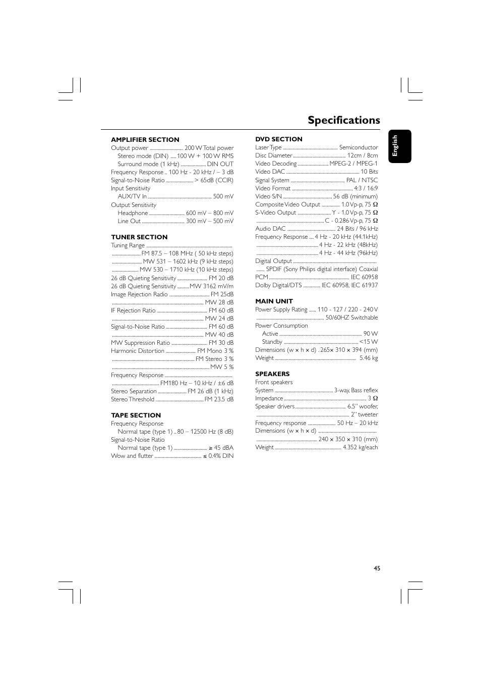 Specifications | Philips FW-D750 User Manual | Page 45 / 48