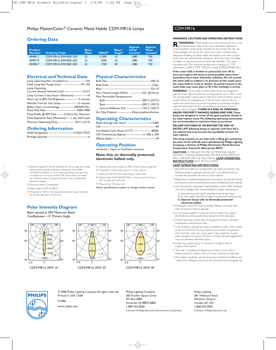 Philips mastercolor, Ceramic metal halide cdm-mr16 lamps ordering data, Electrical and technical data | Ordering information, Physical characteristics, Operating characteristics, Operating position, Polar intensity diagram, Cdm-mr16 | Philips MasterColor CDM-MR16 User Manual | Page 2 / 2