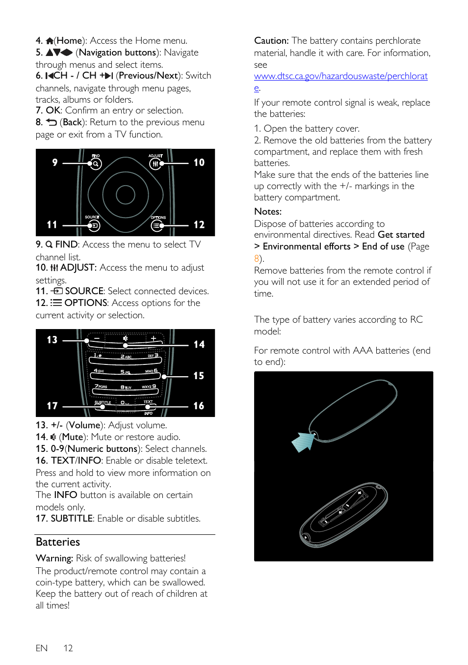 Batteries, For remote control with aaa batteries (end to end) | Philips 46PFL66X6H User Manual | Page 12 / 68