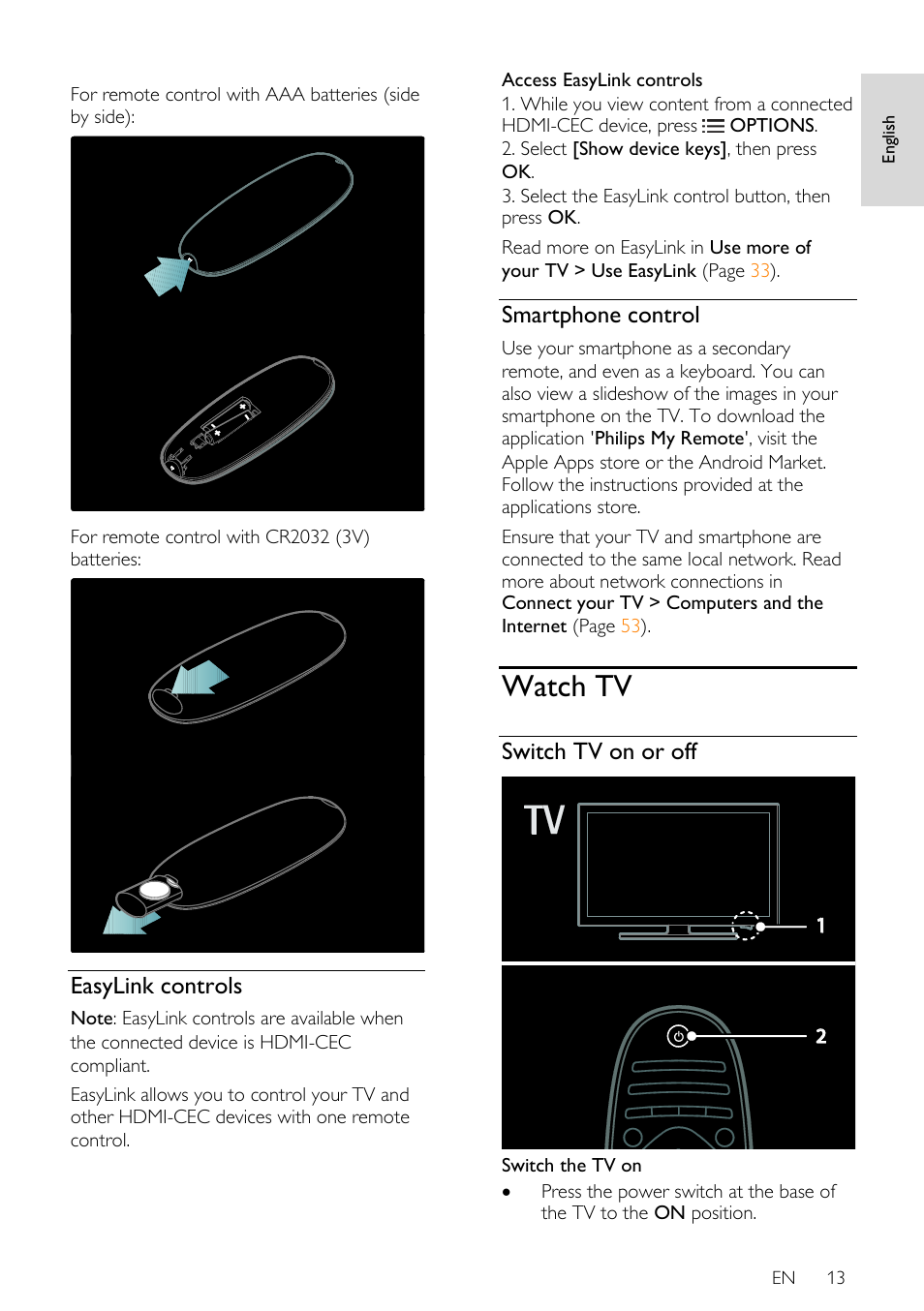 Easylink controls, Smartphone control, Watch tv | Switch tv on or off | Philips 46PFL66X6H User Manual | Page 13 / 68