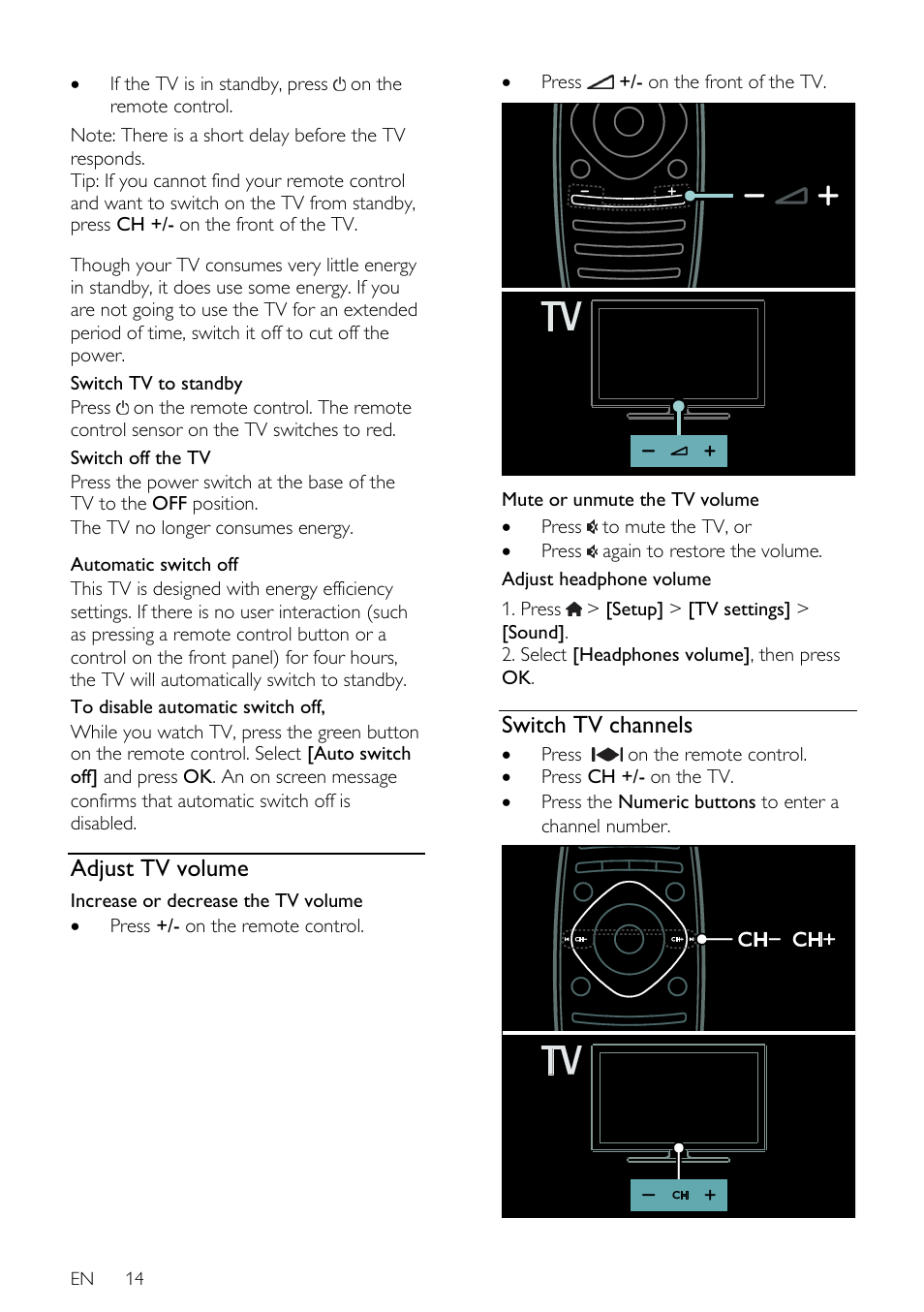 Adjust tv volume, Switch tv channels | Philips 46PFL66X6H User Manual | Page 14 / 68