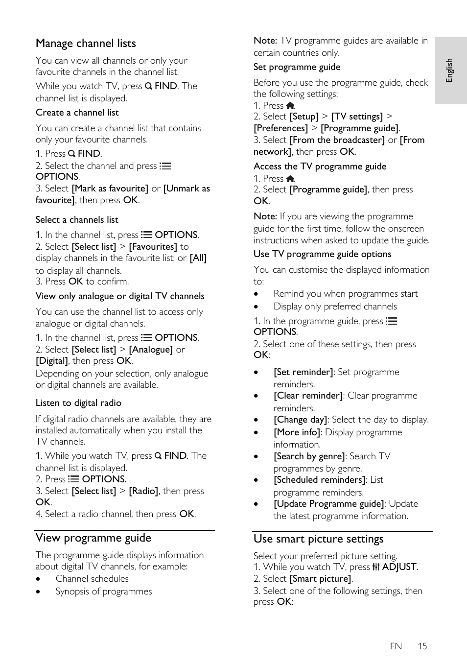 Manage channel lists, View programme guide, Use smart picture settings | Philips 46PFL66X6H User Manual | Page 15 / 68