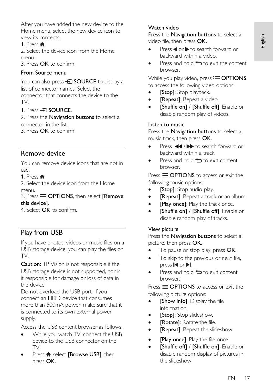 Remove device, Play from usb | Philips 46PFL66X6H User Manual | Page 17 / 68