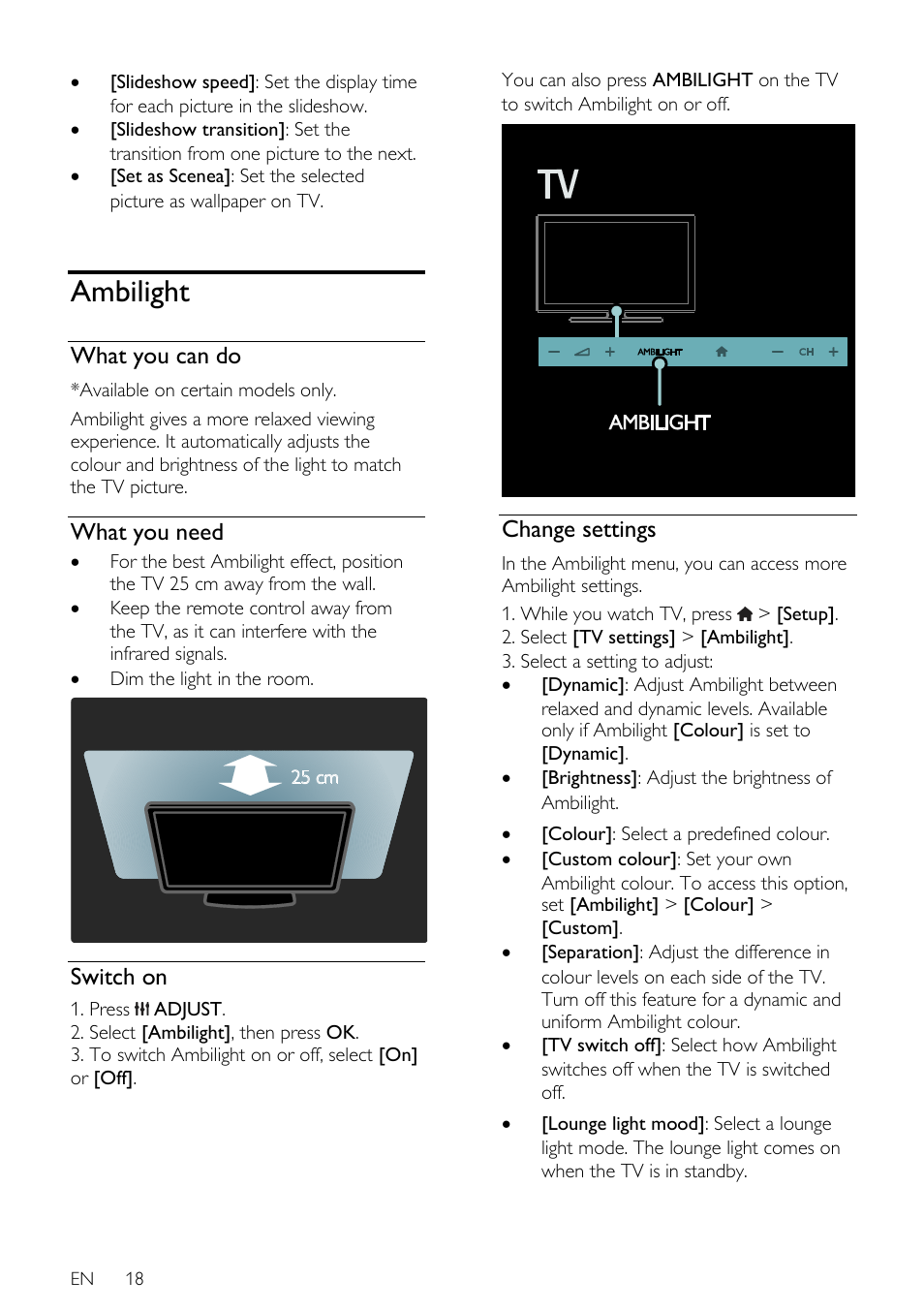 Ambilight, What you can do, What you need | Switch on, Change settings, Ge 18) | Philips 46PFL66X6H User Manual | Page 18 / 68