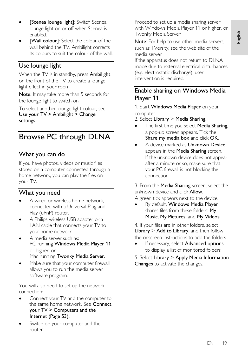 Use lounge light, Browse pc through dlna, What you can do | What you need, Enable sharing on windows media player 11 | Philips 46PFL66X6H User Manual | Page 19 / 68