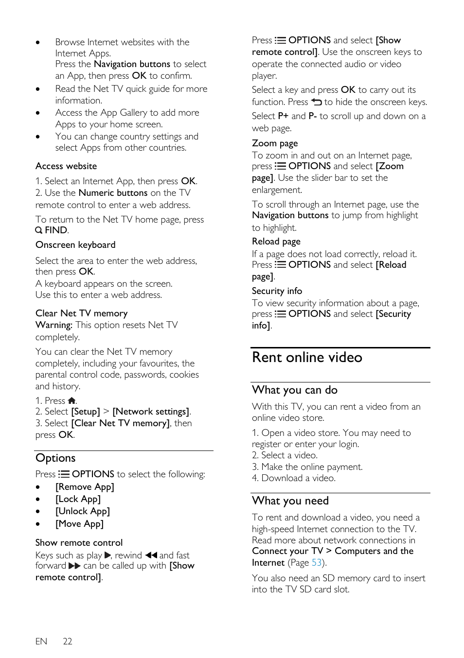 Options, Rent online video, What you can do | What you need | Philips 46PFL66X6H User Manual | Page 22 / 68