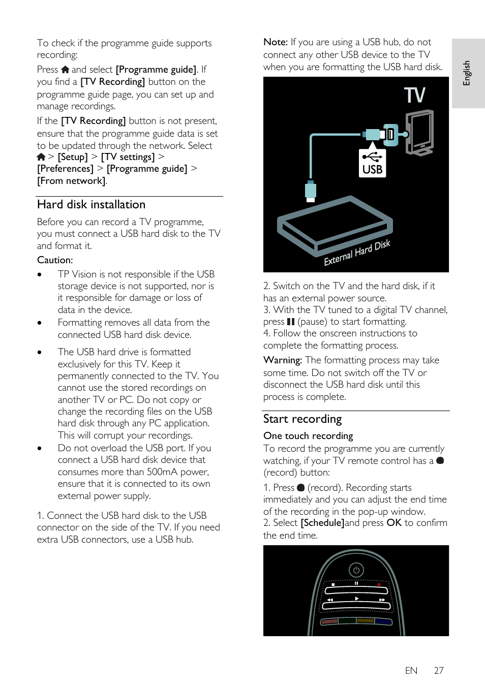 Hard disk installation, Start recording | Philips 46PFL66X6H User Manual | Page 27 / 68