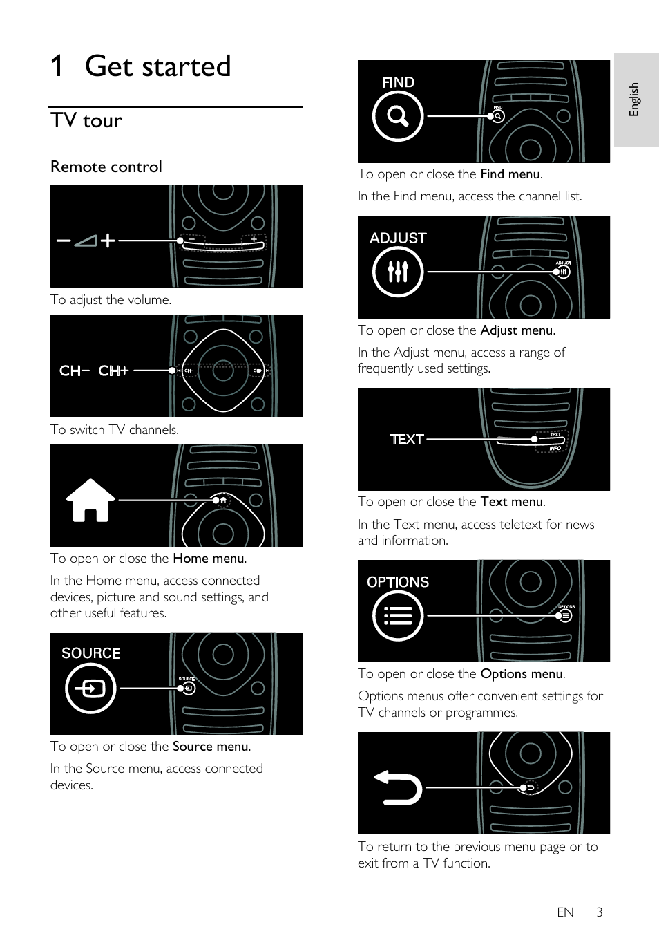 1 get started, Tv tour, Remote control | En 3, En gl is h | Philips 46PFL66X6H User Manual | Page 3 / 68