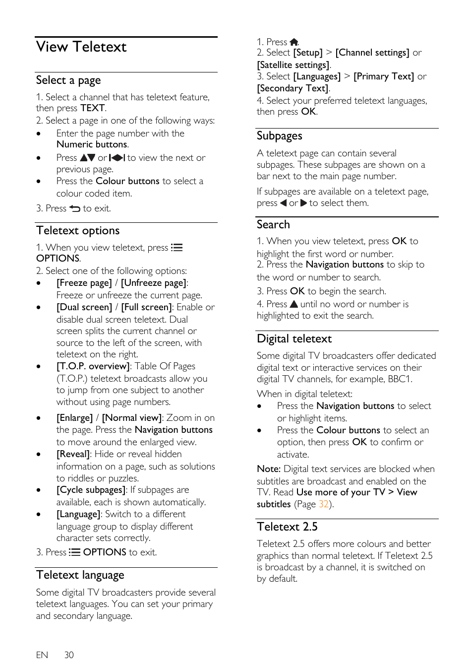 View teletext, Teletext options, Teletext language | Search, Digital teletext, Teletext 2.5, Select a page, Subpages | Philips 46PFL66X6H User Manual | Page 30 / 68