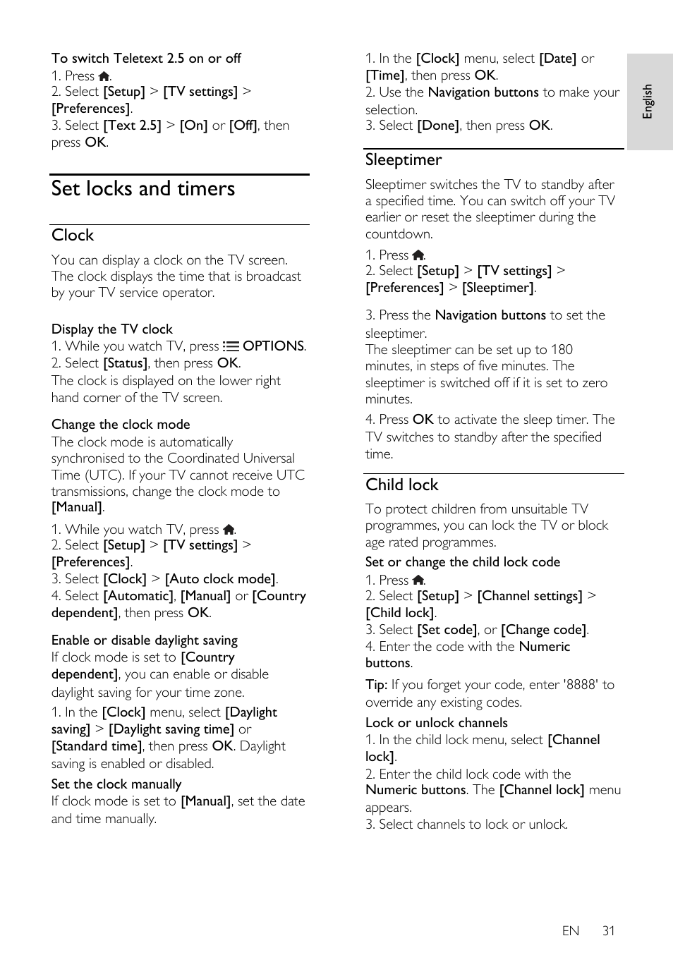 Set locks and timers, Clock, Sleeptimer | Child lock, En 31 | Philips 46PFL66X6H User Manual | Page 31 / 68