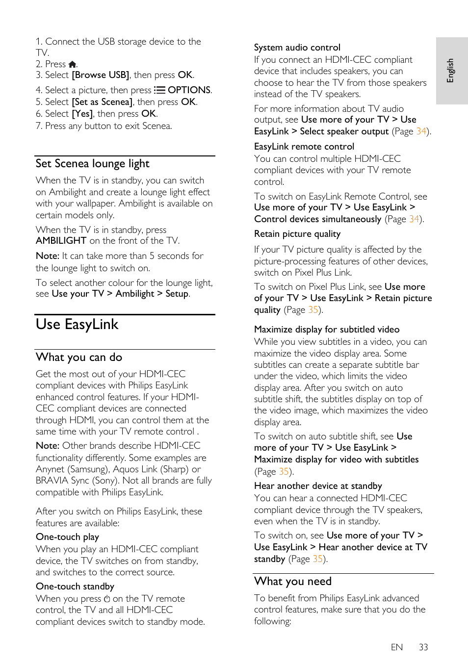 Set scenea lounge light, Use easylink, What you can do | What you need | Philips 46PFL66X6H User Manual | Page 33 / 68