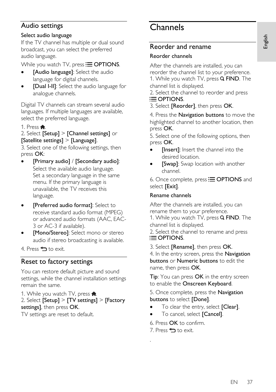 Audio settings, Reset to factory settings, Channels | Reorder and rename | Philips 46PFL66X6H User Manual | Page 37 / 68