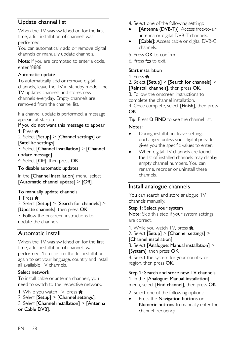 Update channel list, Automatic install, Install analogue channels | Philips 46PFL66X6H User Manual | Page 38 / 68