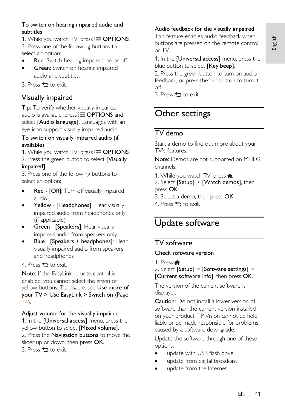 Visually impaired, Other settings, Tv demo | Update software, Tv software | Philips 46PFL66X6H User Manual | Page 41 / 68