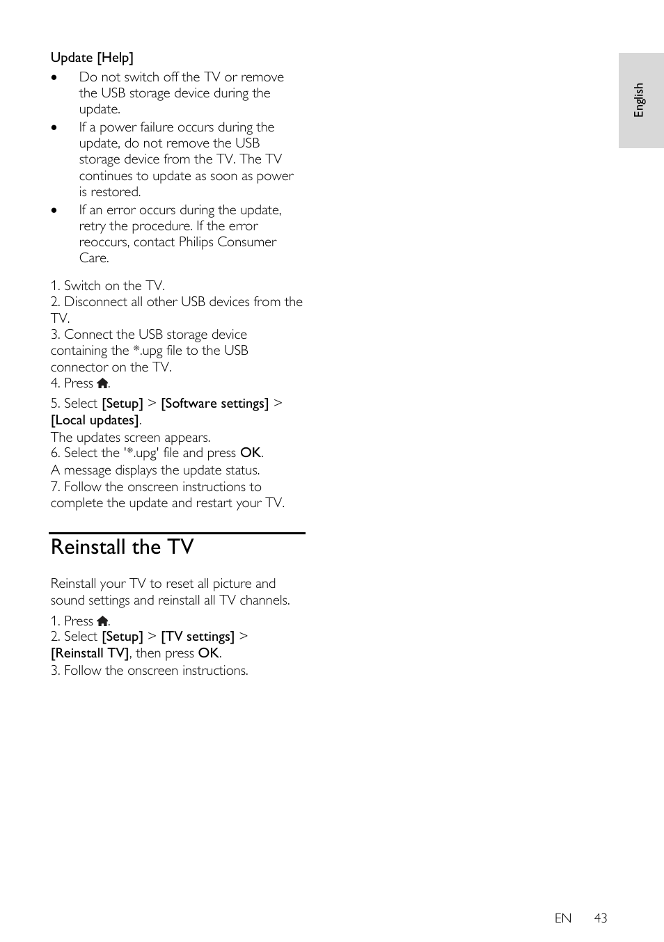 Reinstall the tv | Philips 46PFL66X6H User Manual | Page 43 / 68