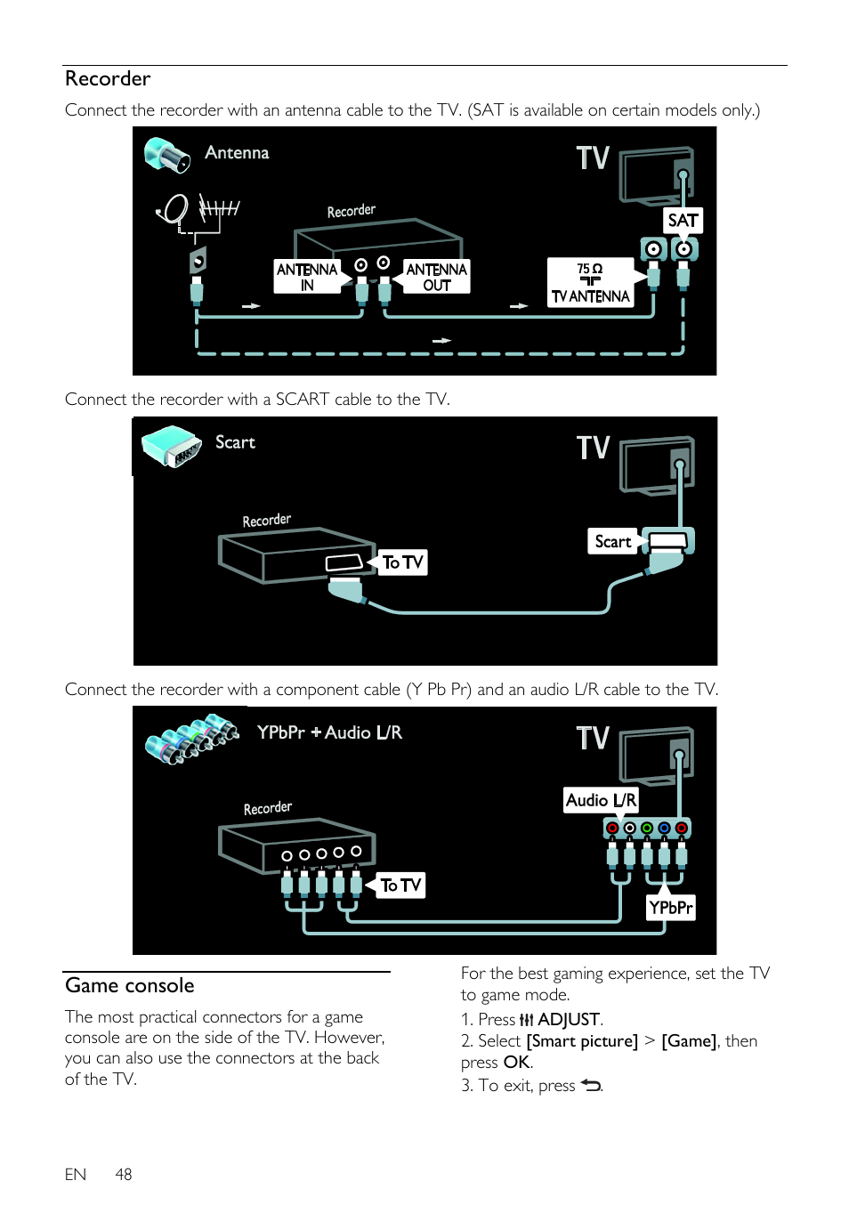 Recorder, Game console, Connect the recorder with a scart cable to the tv | En 48 | Philips 46PFL66X6H User Manual | Page 48 / 68