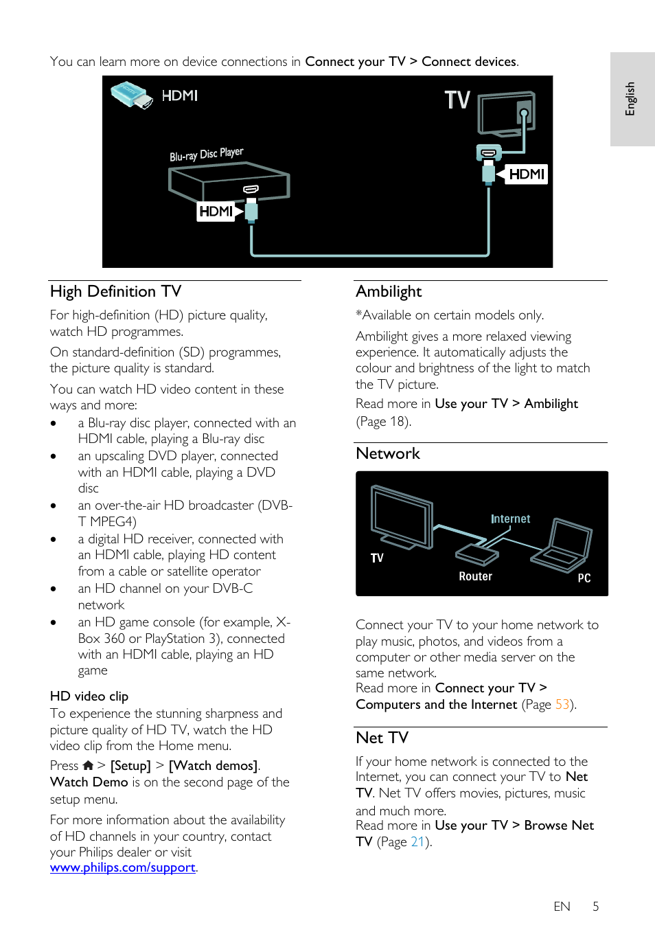 High definition tv, Ambilight, Network | Net tv | Philips 46PFL66X6H User Manual | Page 5 / 68