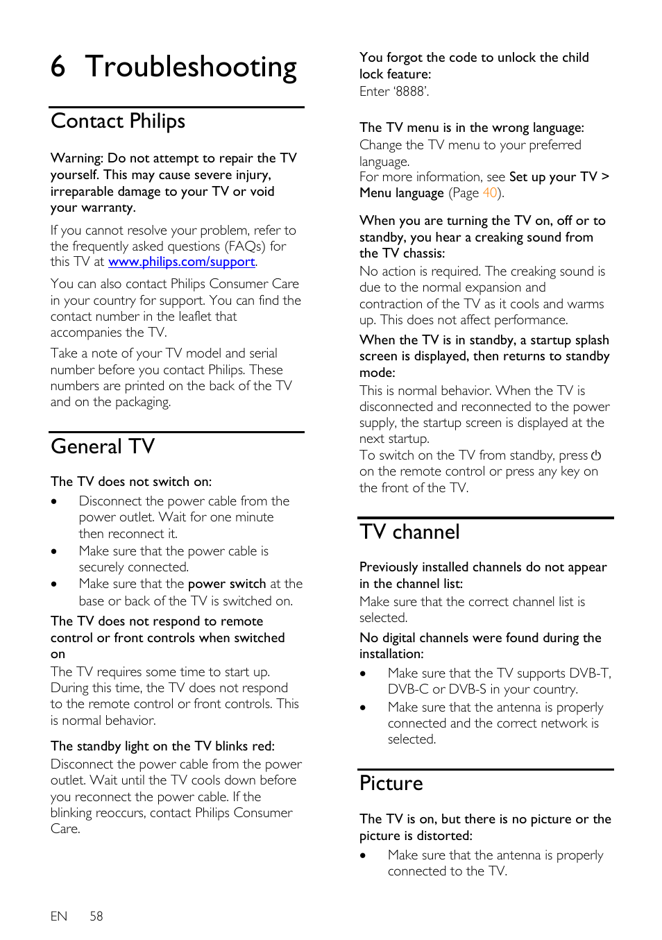 6 troubleshooting, Contact philips, General tv | Tv channel, Picture | Philips 46PFL66X6H User Manual | Page 58 / 68