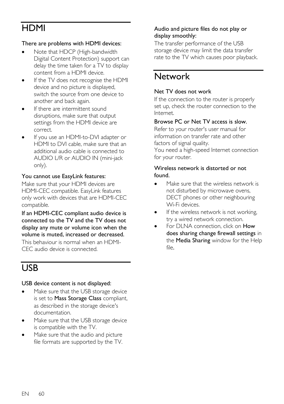 Hdmi, Network | Philips 46PFL66X6H User Manual | Page 60 / 68