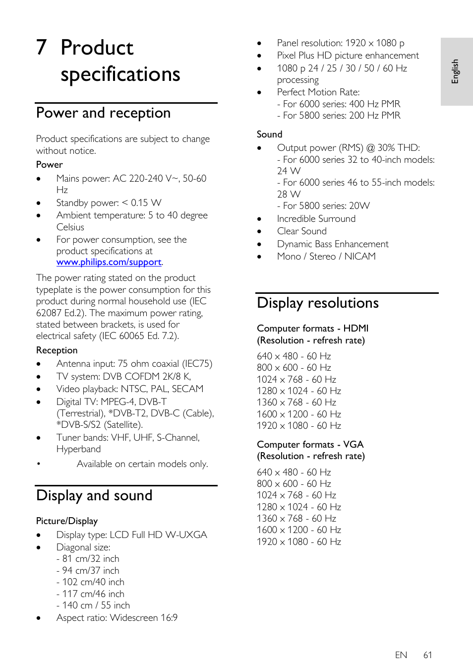 7 product specifications, Power and reception, Display and sound | Display resolutions | Philips 46PFL66X6H User Manual | Page 61 / 68