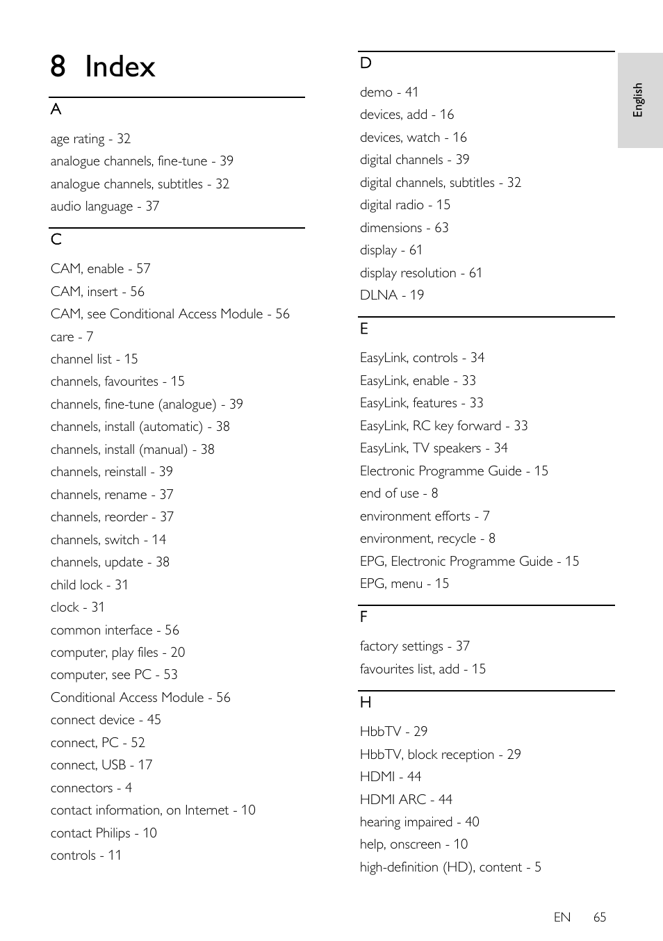 8 index | Philips 46PFL66X6H User Manual | Page 65 / 68