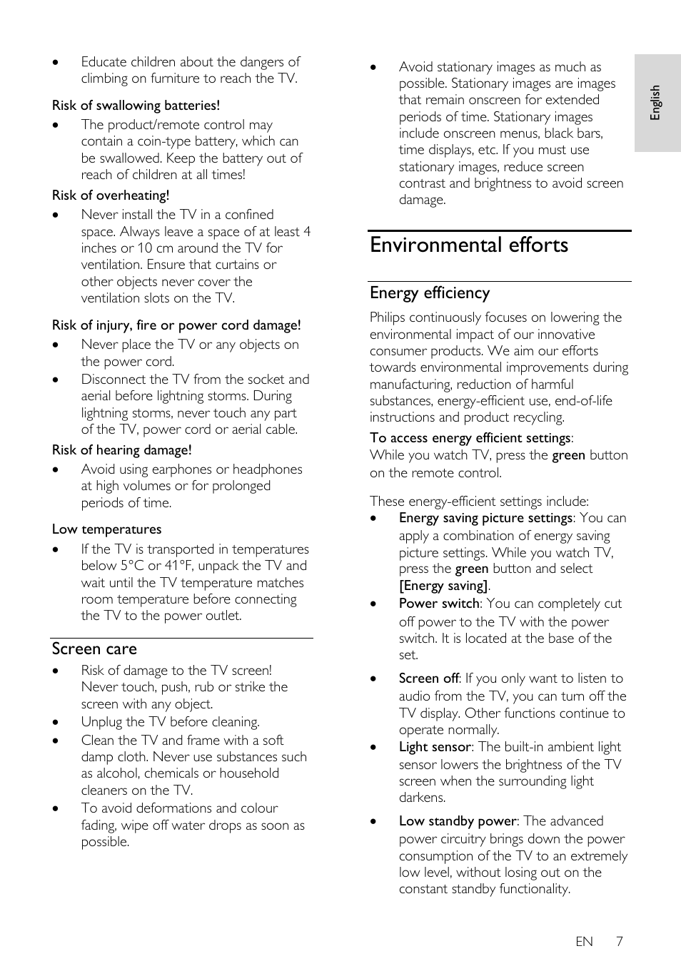 Screen care, Environmental efforts, Energy efficiency | Philips 46PFL66X6H User Manual | Page 7 / 68