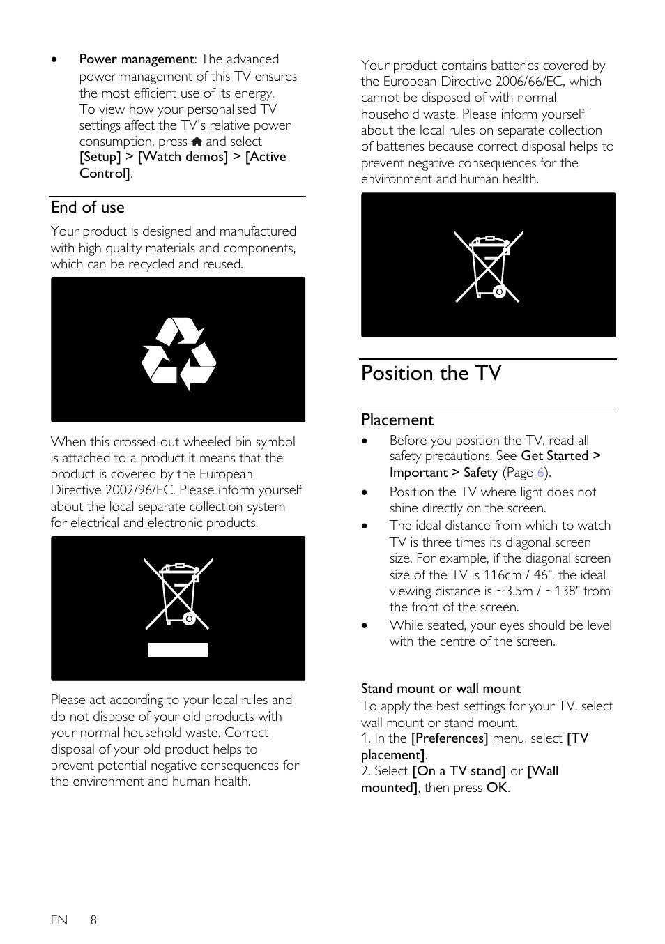 End of use, Position the tv, Placement | Philips 46PFL66X6H User Manual | Page 8 / 68