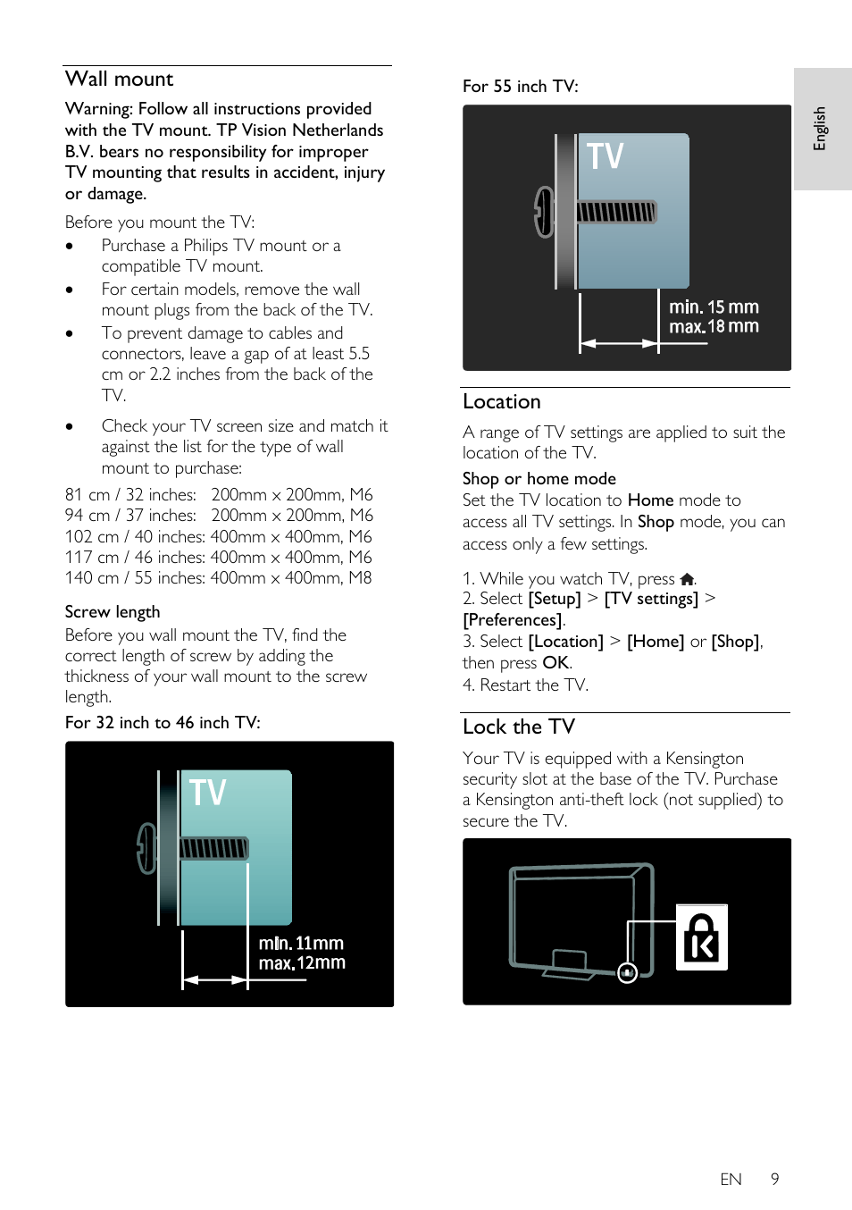 Wall mount, Location, Lock the tv | For 55 inch tv, En 9 | Philips 46PFL66X6H User Manual | Page 9 / 68