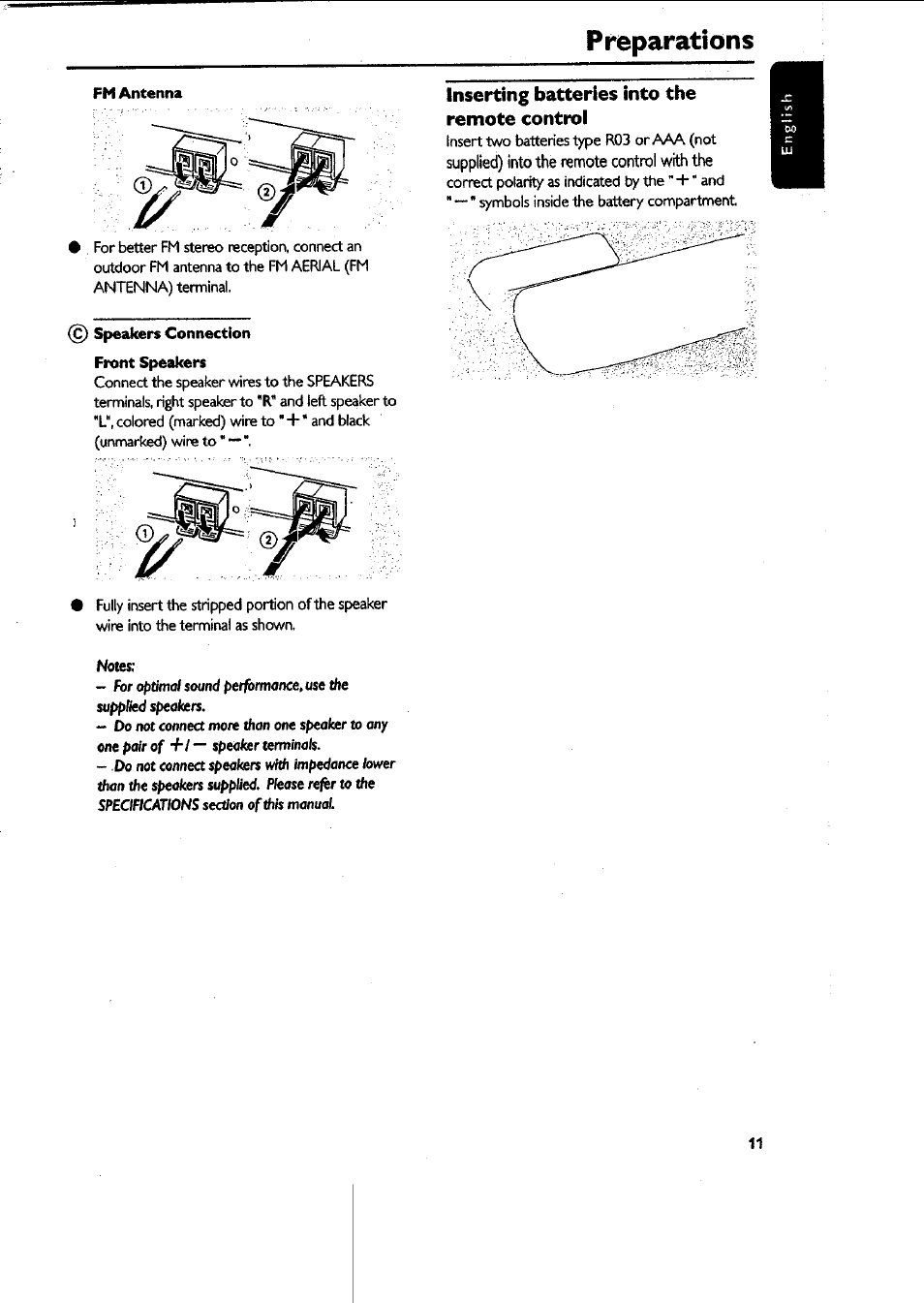 Inserting batteries into the remote control, C) speakers connection front speakers, Preparations | Philips MAS-300 User Manual | Page 11 / 30