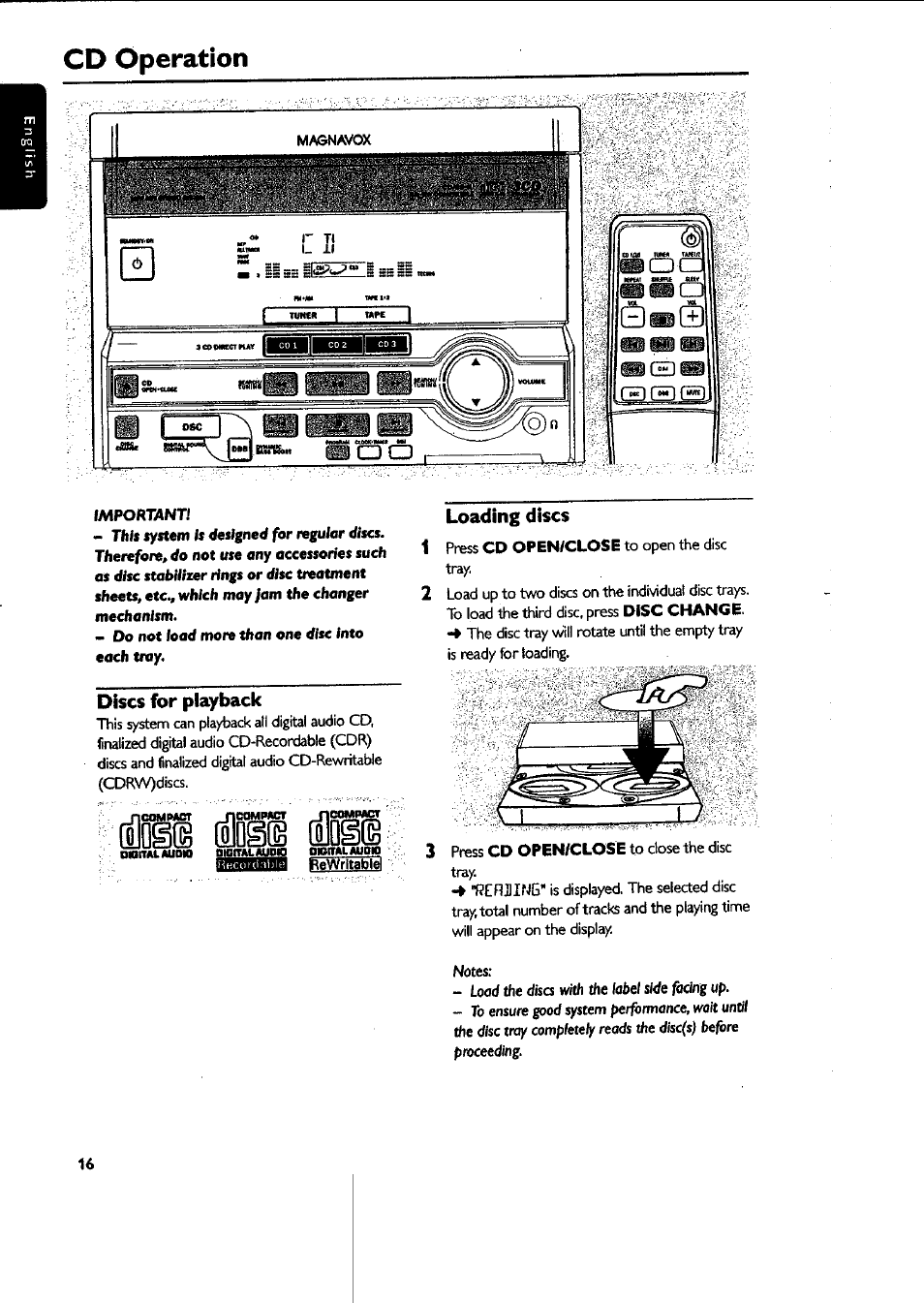 Discs for playback, Loading discs, Шш (olog | Cd operation | Philips MAS-300 User Manual | Page 16 / 30