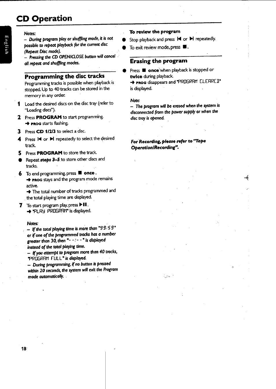 Programming the disc tracks, Erasing the program, Ptxjgramming the disc tracks | Cd operation | Philips MAS-300 User Manual | Page 18 / 30