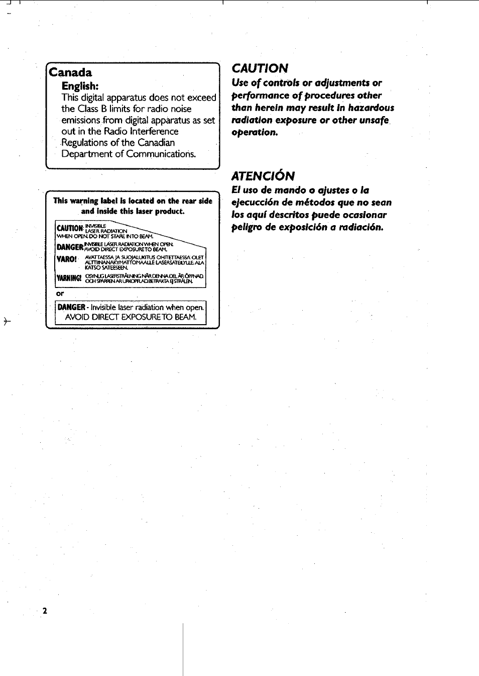 Canada, Caution, Atención | English | Philips MAS-300 User Manual | Page 2 / 30