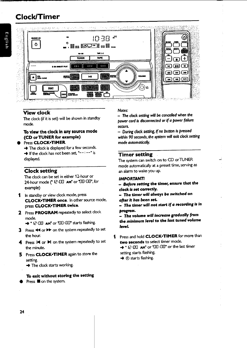 Clock/timer, View clock, Clock setting | To exit without storing the setting, Timer setting, Important, Timer setting -2s, Chdcedcsd r«l ced (3 | Philips MAS-300 User Manual | Page 24 / 30