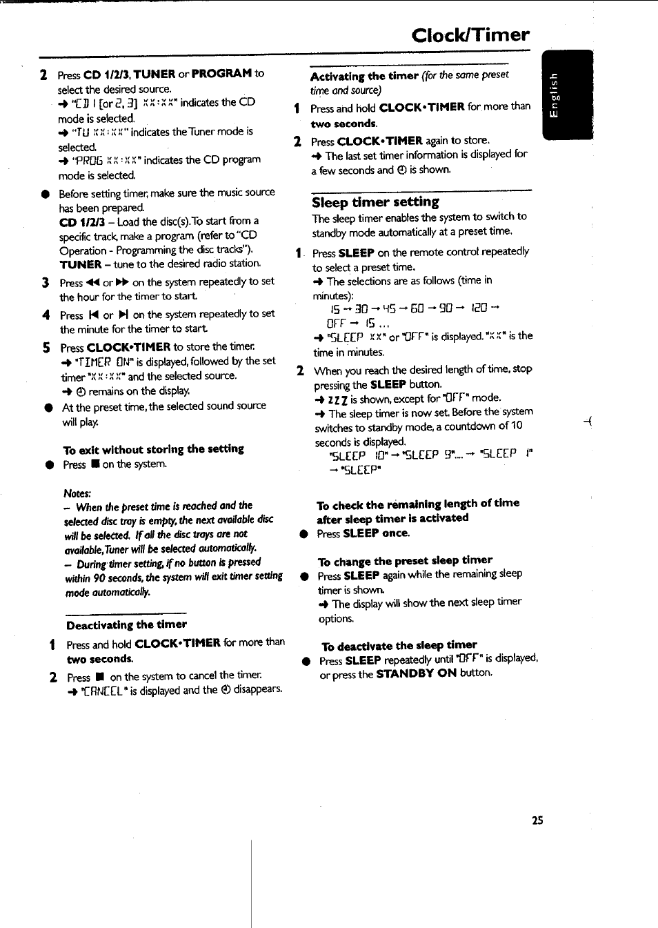 Clock/timer, To exit without storing the setting, Deactivating the timer | Sleep timer setting, To change the preset sleep timer, 1b deactivate the sleep timer | Philips MAS-300 User Manual | Page 25 / 30