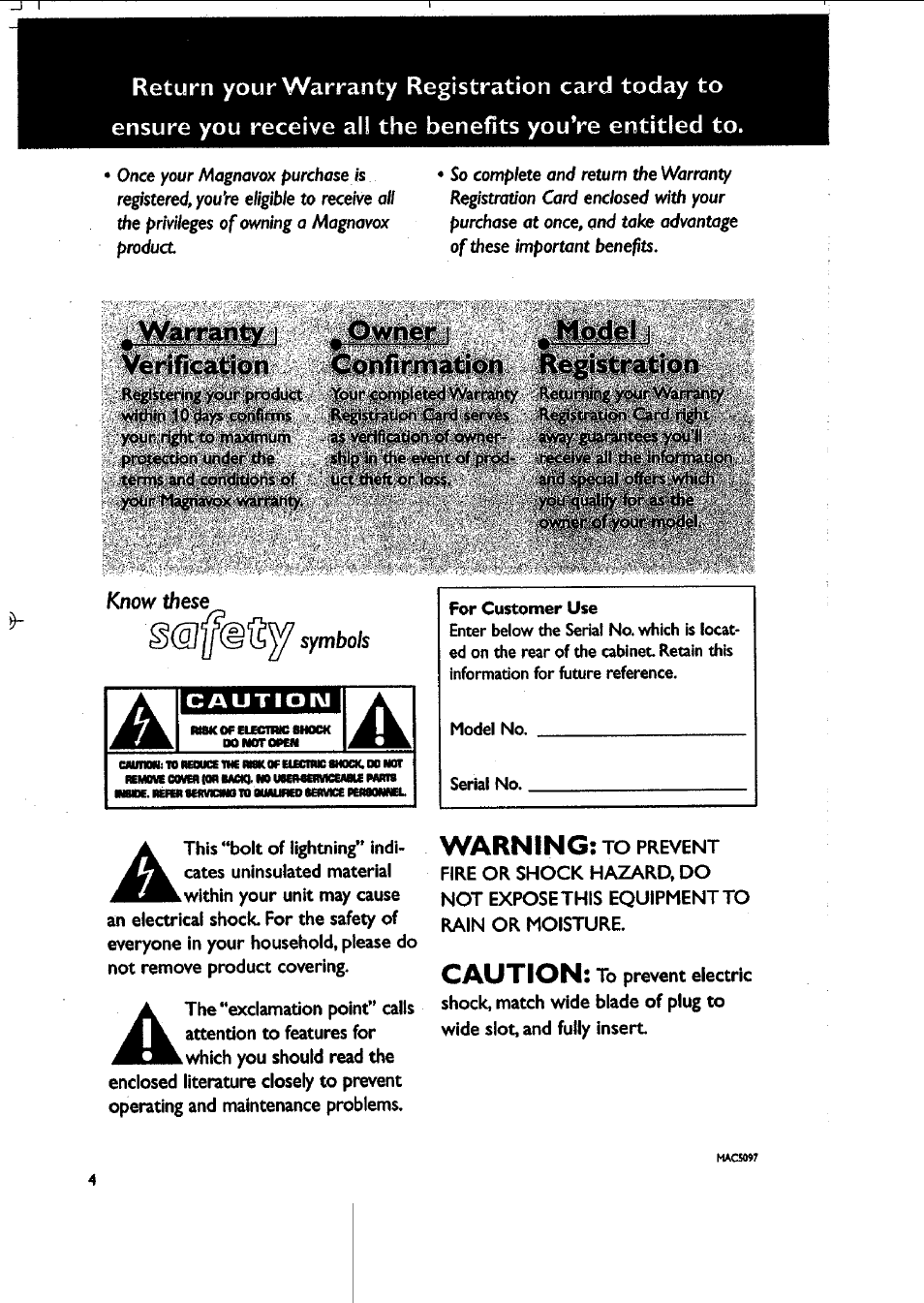 Warranty i verification, Owner i confirmation, Model i registration | Model, Registration, Warning, Caution | Philips MAS-300 User Manual | Page 4 / 30