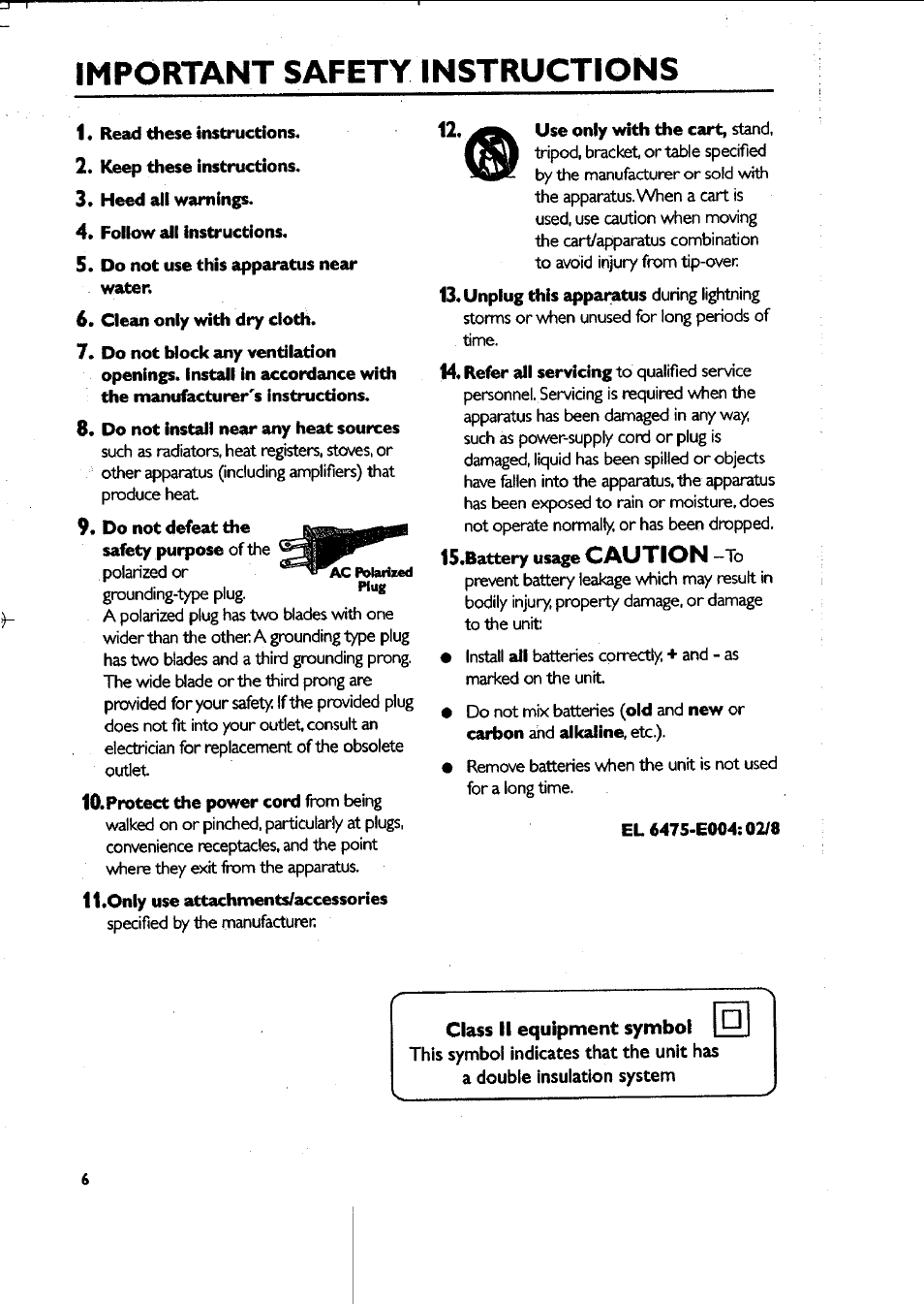 Class ii equipment symbol, Important safety instructions, Caution | Philips MAS-300 User Manual | Page 6 / 30