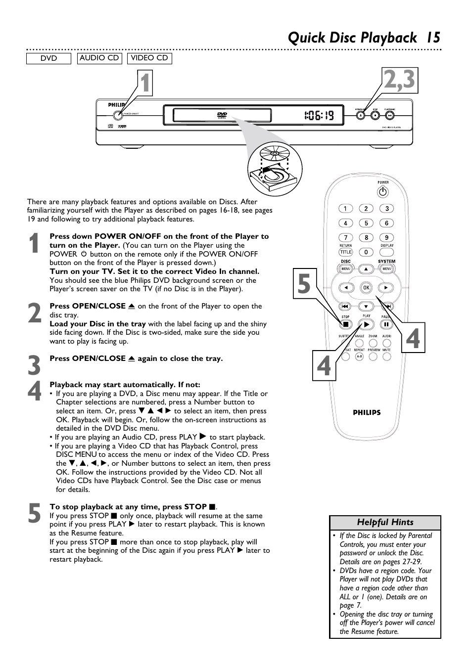 Quick disc playback 15 | Philips DVD615AT98 User Manual | Page 15 / 48